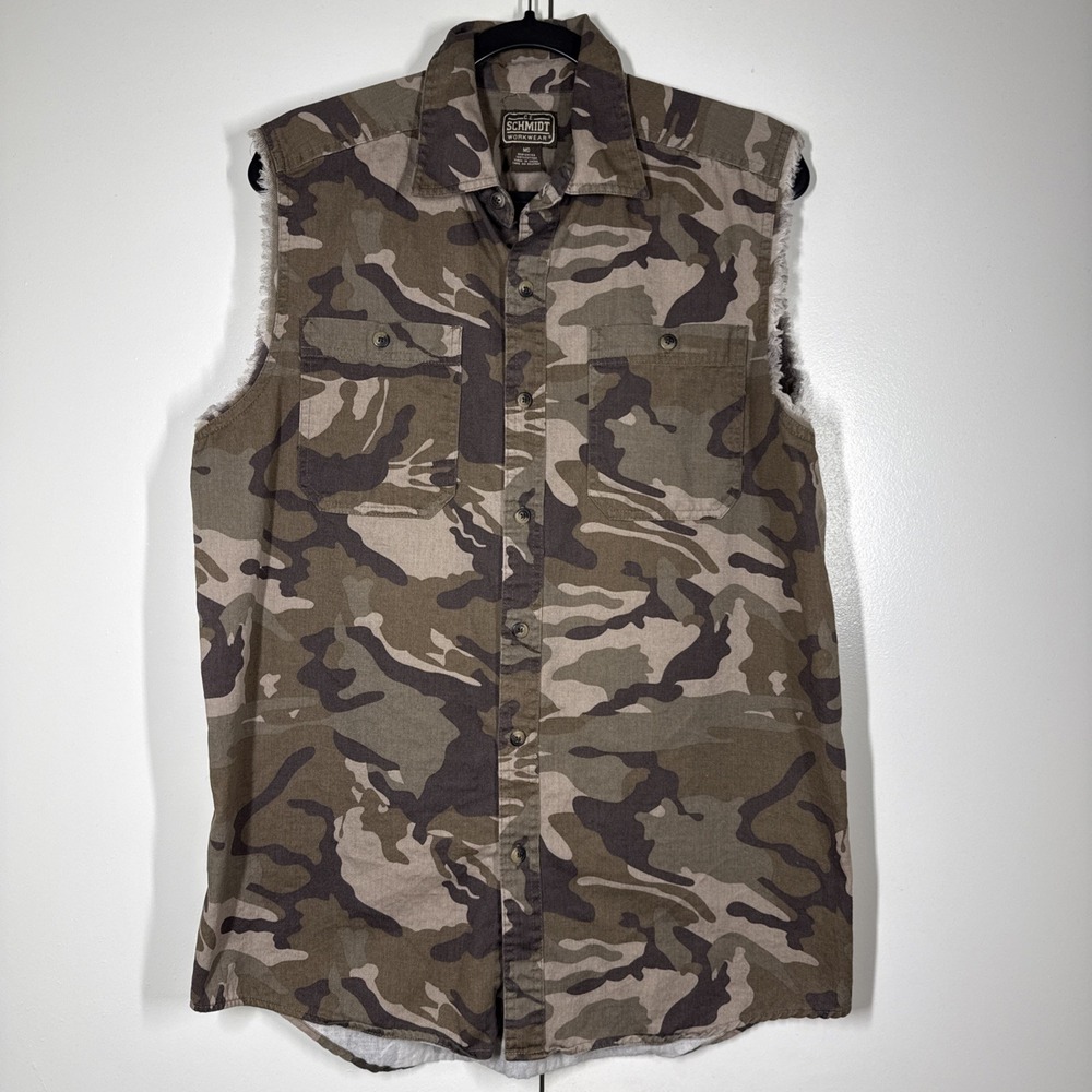 CE SCHMIDT Workwear Camo Sleeveless Shirt Vest Pockets Fray Edge Size Medium